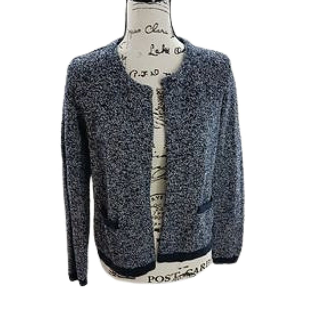Loft Blue Knit Cardigan Open Front Pockets Winter Long Sleeve Size M Womens